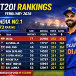 ICC T20I Rankings February 2026 showing India No.1 with 273 rating points