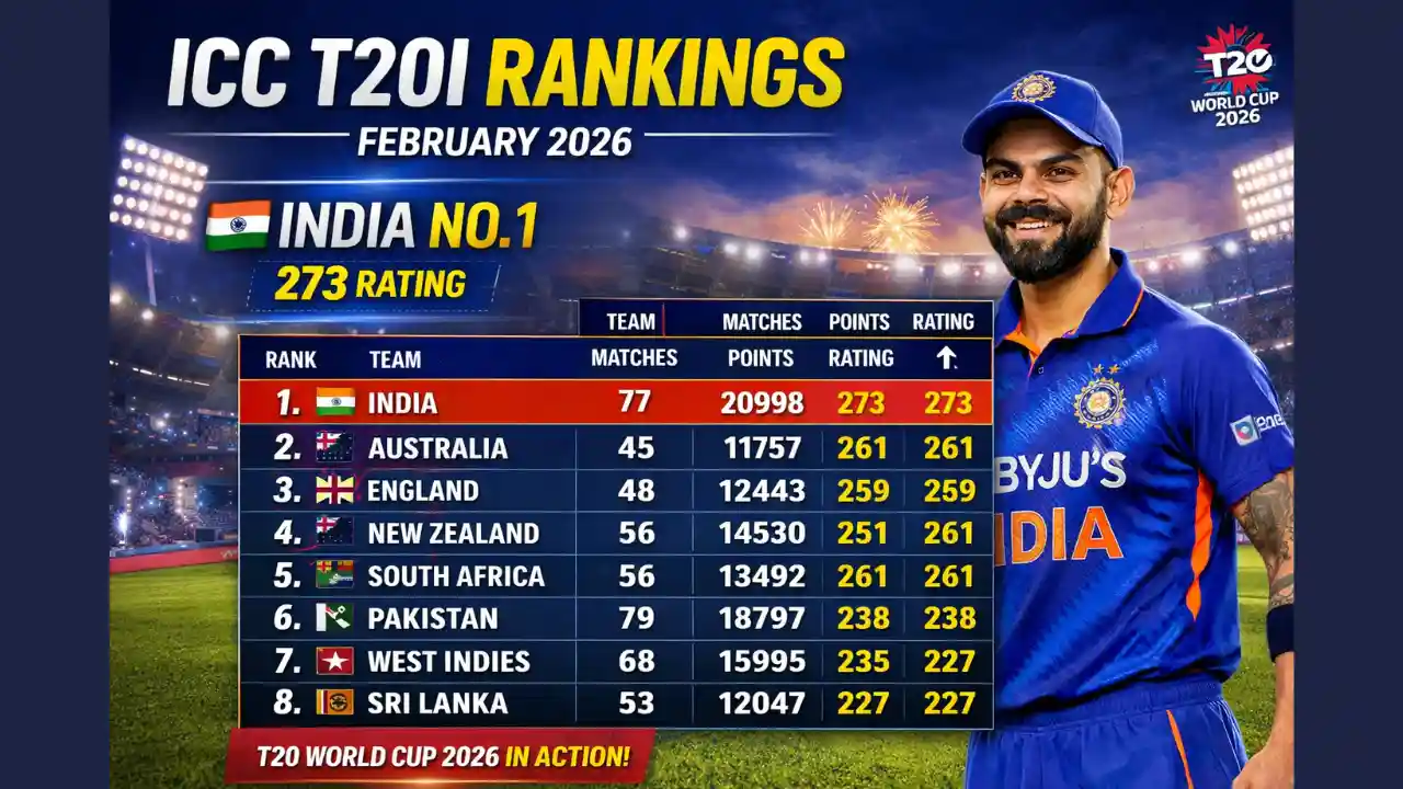 ICC T20I Rankings February 2026 showing India No.1 with 273 rating points